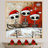 Cute Skeleton Trio Sleigh Ride Christmas Art Print – Whimsical Gothic Holiday Decor with Santa Hats & Gifts, Alternative Winter Wall Art for Spooky Season Lovers on Ready to Hang 1.5" Thick Canvas Wrap, Floating Framed Canvas, Flat Rolled Canvas